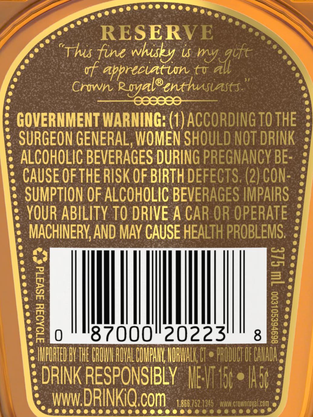 slide 5 of 7, Crown Royal Reserve Blended Canadian Whisky, 375 mL, 375 ml