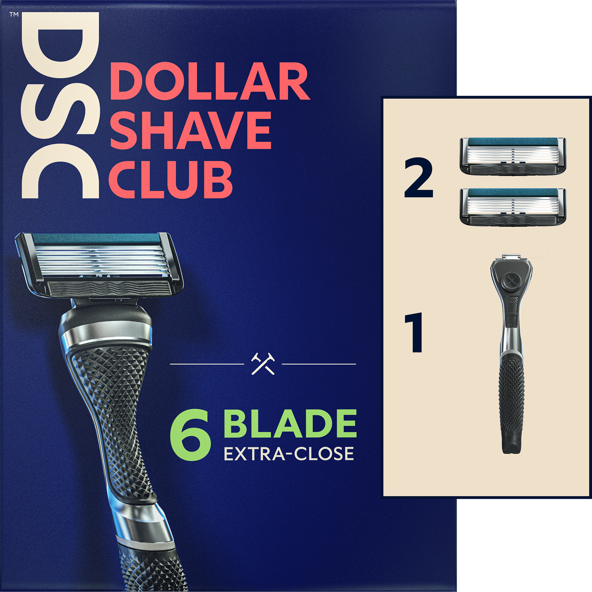 slide 1 of 2, Dollar Shave Club 6-Blade Men's Razor Starter Set - 1 Handle + 2 Cartridges, 1 ct