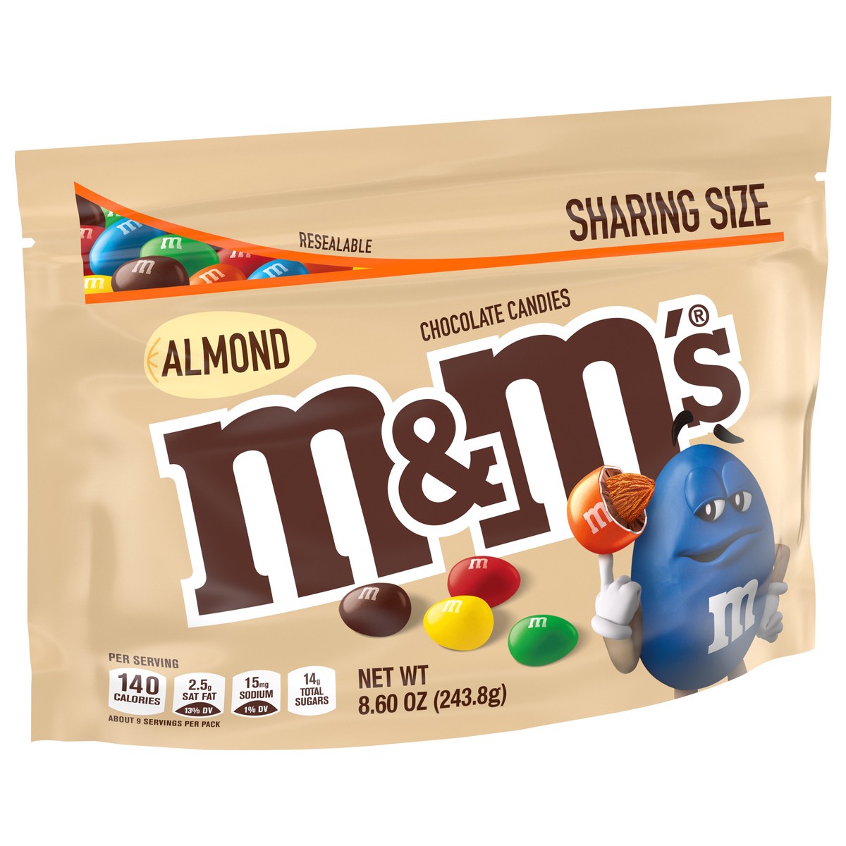 slide 6 of 9, M&M'S Almond Milk Chocolate Candy, Sharing Size, 8.6 Resealable Bag, 8.6 oz