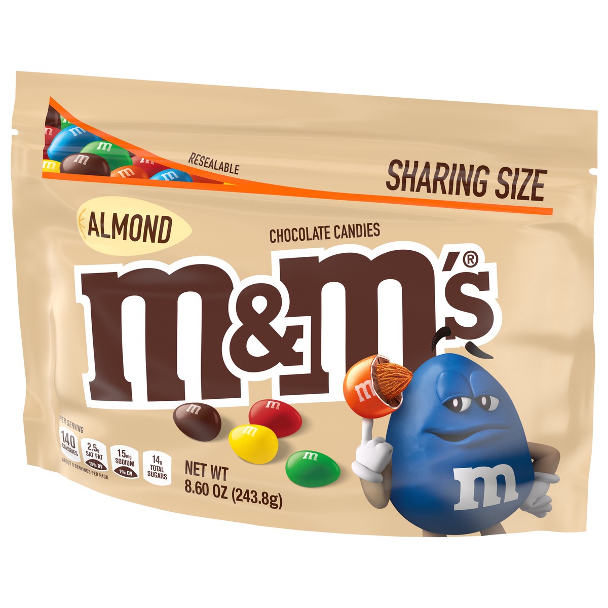slide 4 of 9, M&M'S Almond Milk Chocolate Candy, Sharing Size, 8.6 Resealable Bag, 8.6 oz