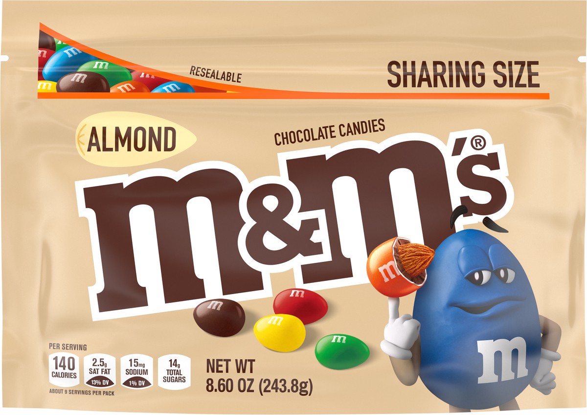 slide 3 of 9, M&M'S Almond Milk Chocolate Candy, Sharing Size, 8.6 Resealable Bag, 8.6 oz