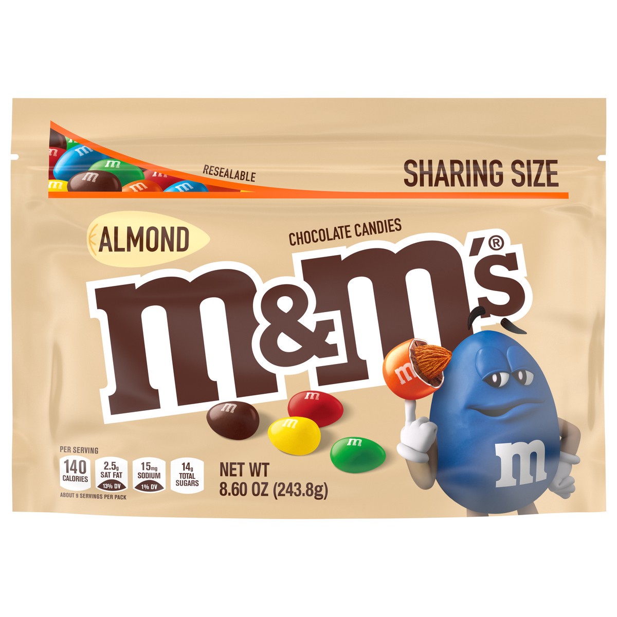 slide 1 of 9, M&M'S Almond Milk Chocolate Candy, Sharing Size, 8.6 Resealable Bag, 8.6 oz