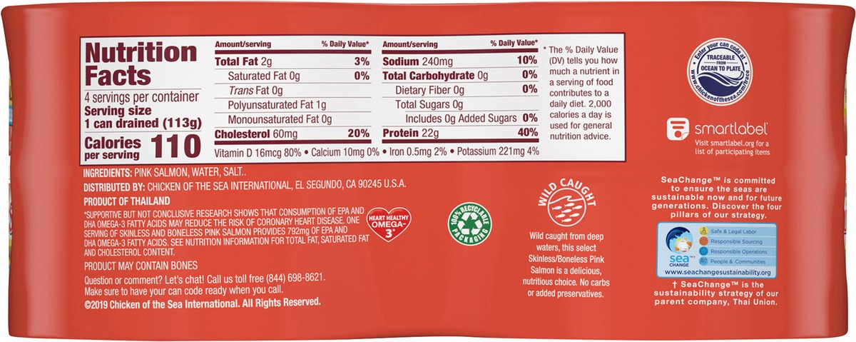 slide 2 of 8, Chicken of the Sea Wild Caught Alaskan Pink Salmon, Skinless & Boneless 4-5 oz cans, 4 ct; 20 oz