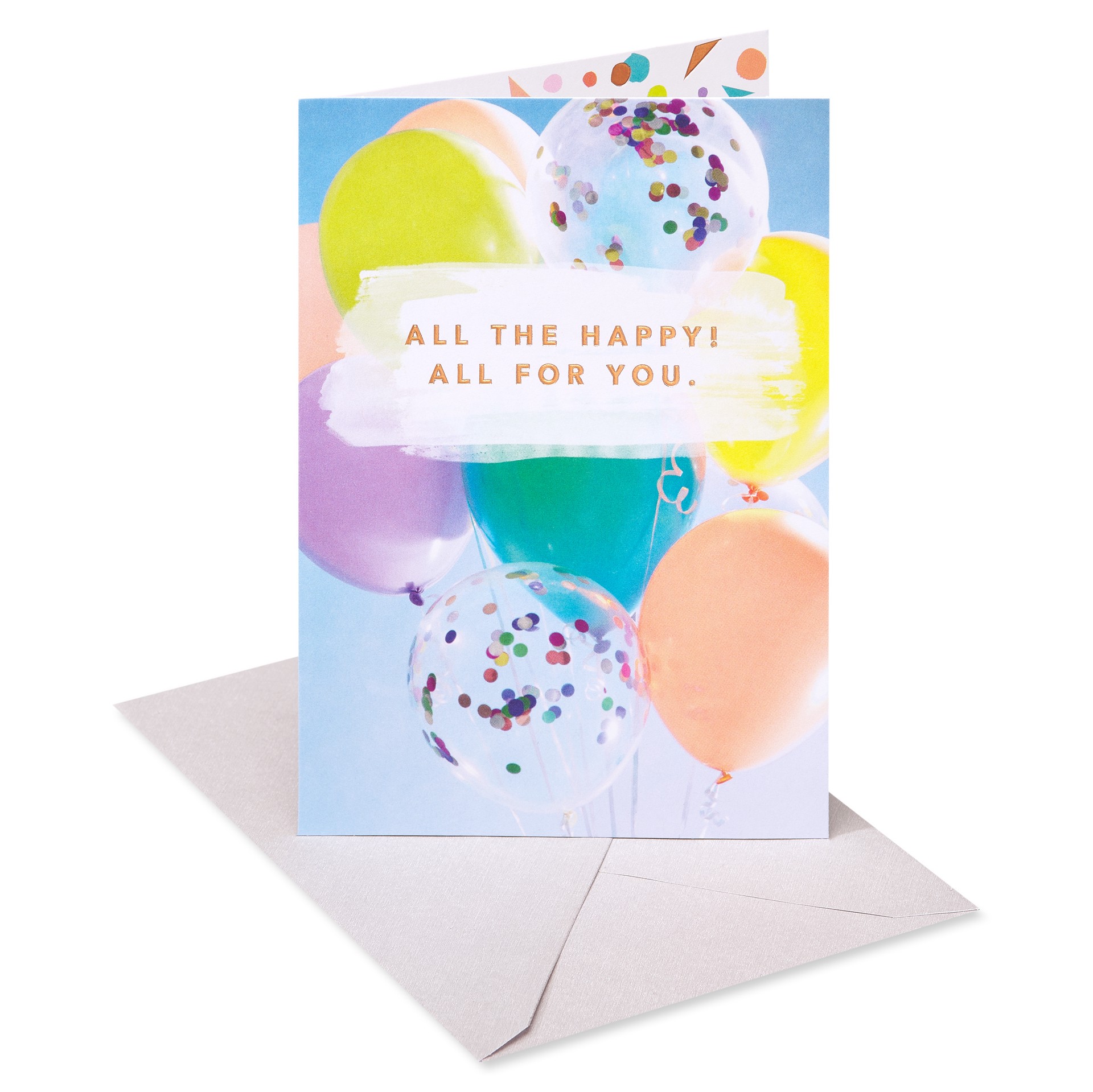 slide 1 of 9, American Greetings Make a special person feel wonderful on their birthday with this fun and festive card! The design features party balloons that are perfect for getting a celebration started. Copper foil embellishments add style, while the simple “Happy Birthday” on the inside is complemented by colorful confetti. There''s also plenty of room to add your own personal thoughts and make this cool card even more unique!, 1 ct