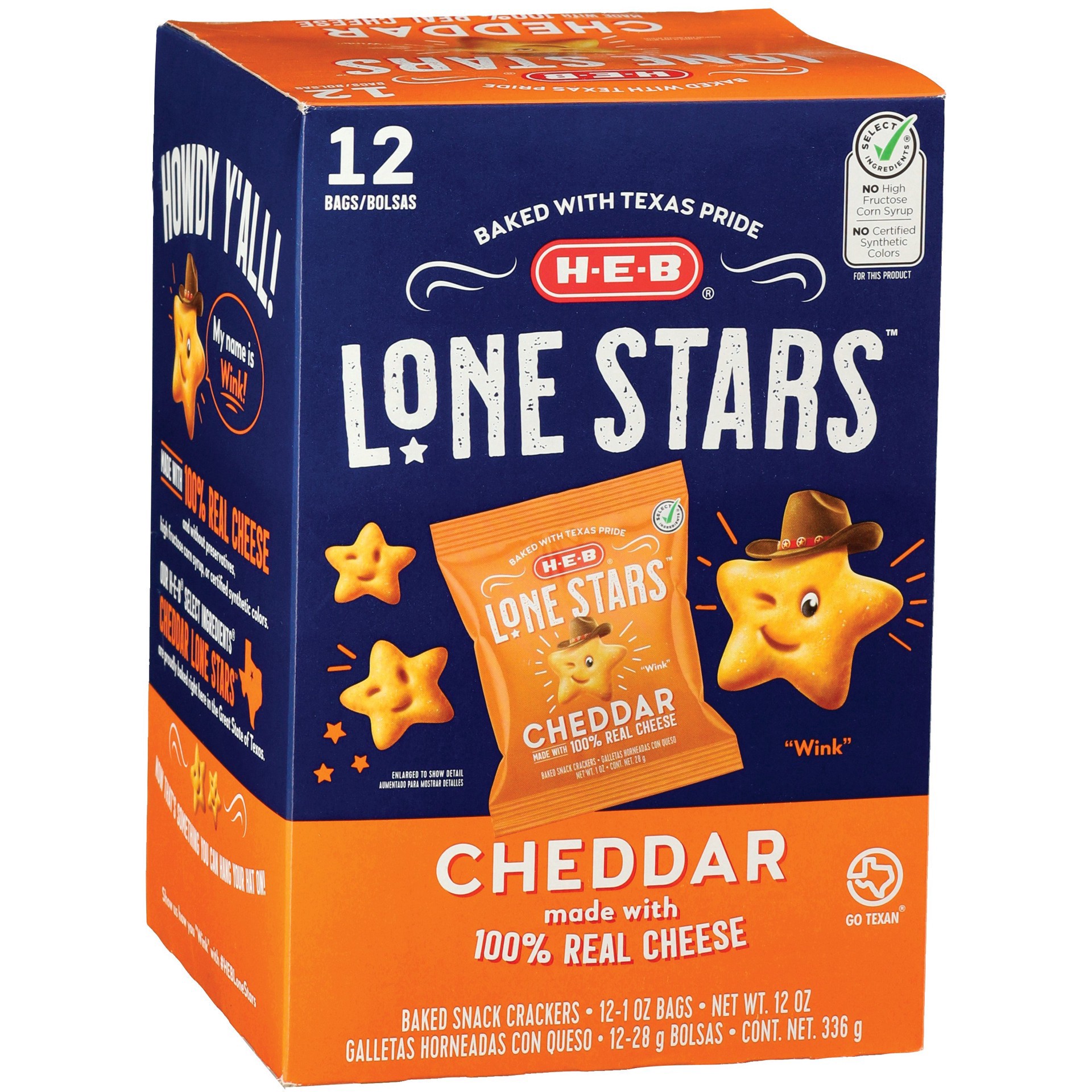 slide 1 of 1, H-E-B Cheddar Lone Stars Baked Snack Crackers 1 oz Bags, 12 ct