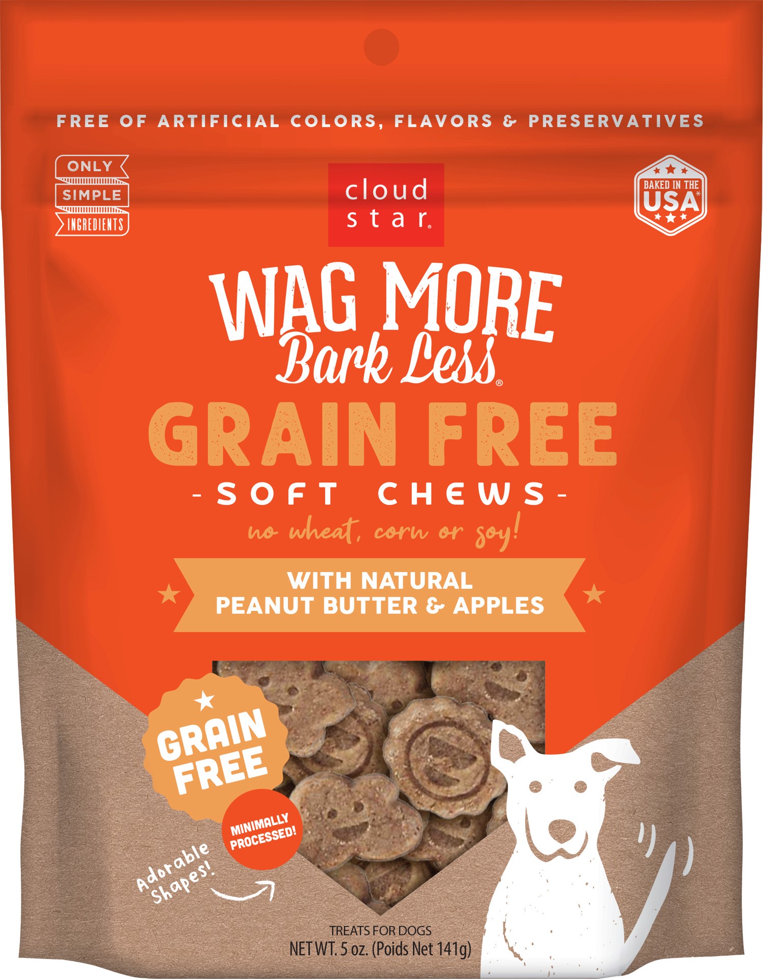 slide 1 of 7, Cloud Star Wag More Bark Less Soft Chews Grain Free Dog Treats, Peanut Butter & Apples, 5 oz. Pouch, 5 oz