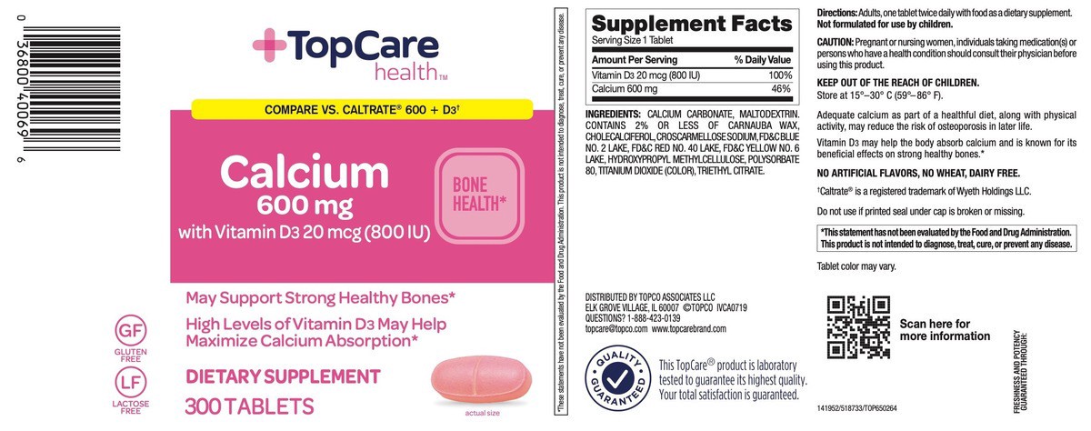 slide 5 of 14, TopCare Health 600 mg Calcium with Vitamin D3 300 Tablets, 300 ct