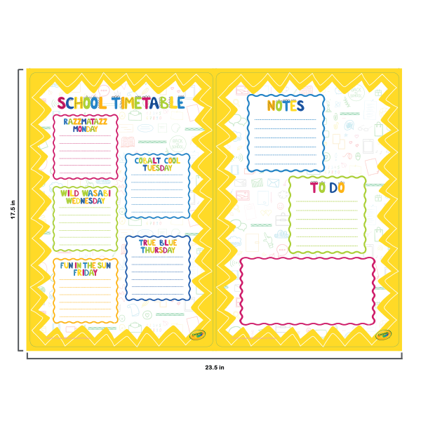slide 4 of 5, Crayola Peel & Stick Dry-Erase Decals, School Timetable + Memo Sheet, 17-1/2"" x 23-1/2"", Set Of 2 Decals, 1 ct