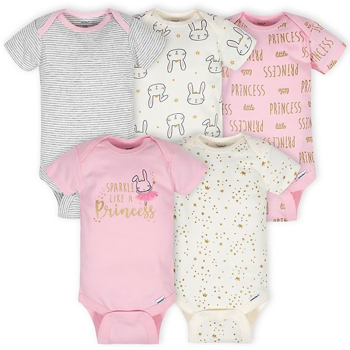 slide 1 of 6, Gerber Onesies Newborn Princess Short Sleeve Bodysuits - Pink/Ivory, 5 ct