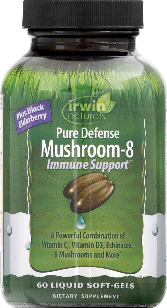 slide 6 of 9, Irwin Naturals Immune Support Liquid Soft-Gels Pure Defense Black Elderberry Mushroom-8 60 ea, 60 ct