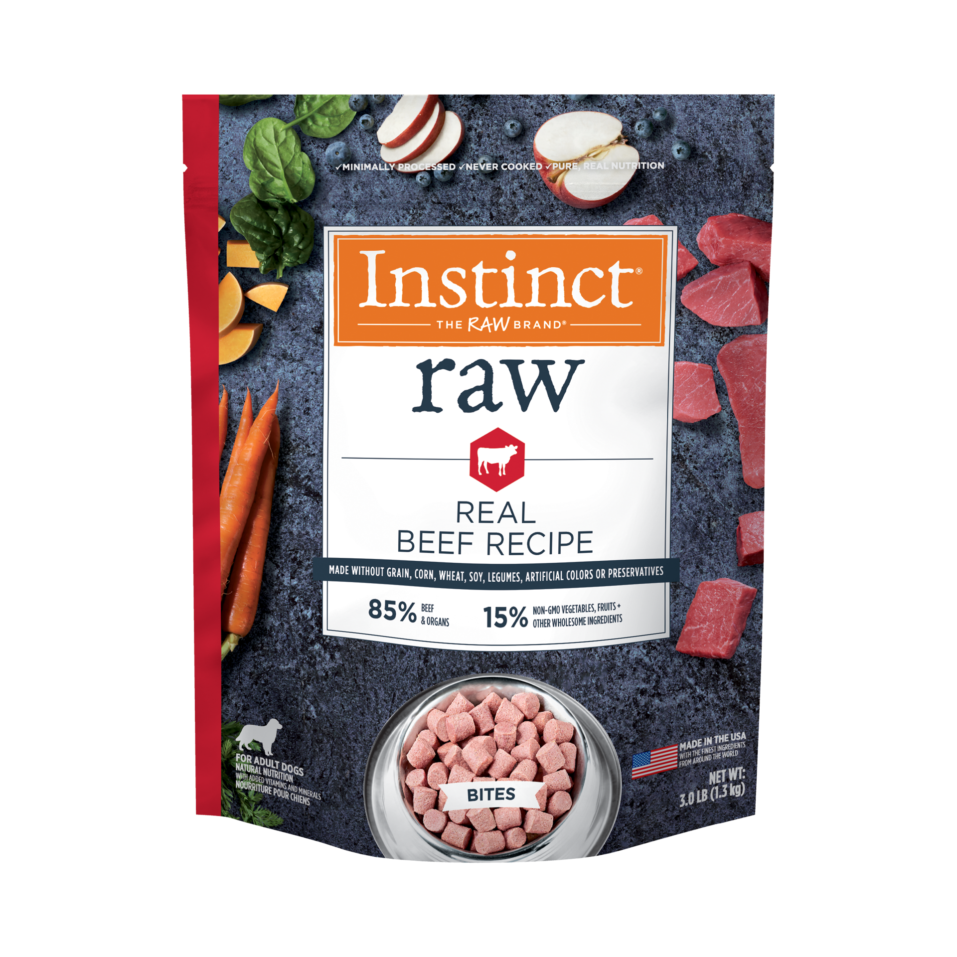 slide 1 of 2, Instinct Raw Frozen Beef Bites Dog Food, 3 lb. Bag, 3 lb