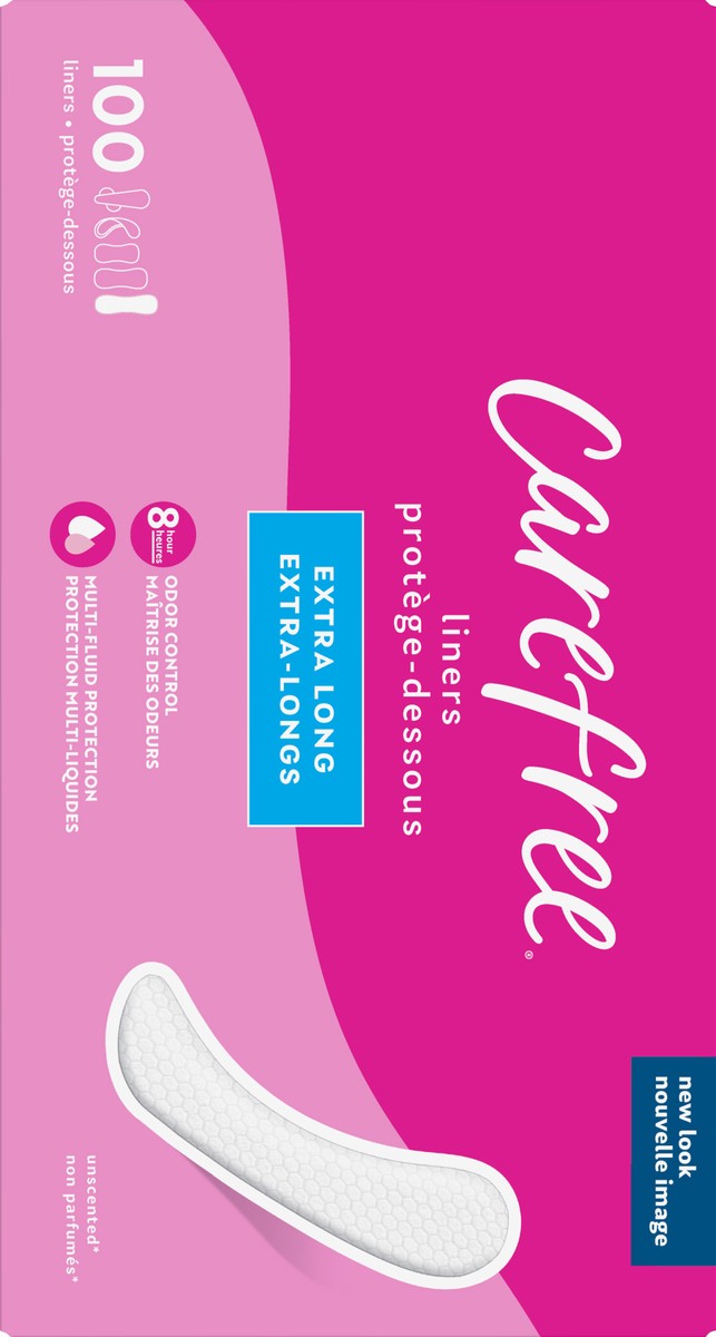 slide 6 of 7, Carefree Panty Liners Extra Long Extra Heavy Super Absorbency Unscented, 100 ct
