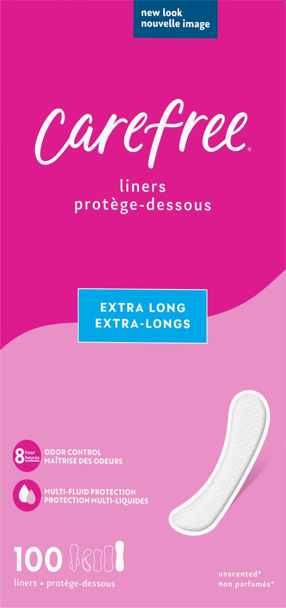 slide 3 of 7, Carefree Panty Liners Extra Long Extra Heavy Super Absorbency Unscented, 100 ct