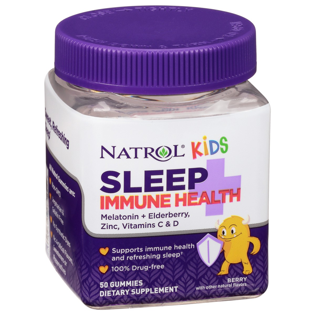 slide 7 of 9, Natrol Kids Sleep+ Immune Health Gummies with Melatonin, Zinc, Vitamin C and D, Elderberry, 50 Raspberry Flavored Melatonin and Immune Health Gummies, 50 Day Supply, 50 ct