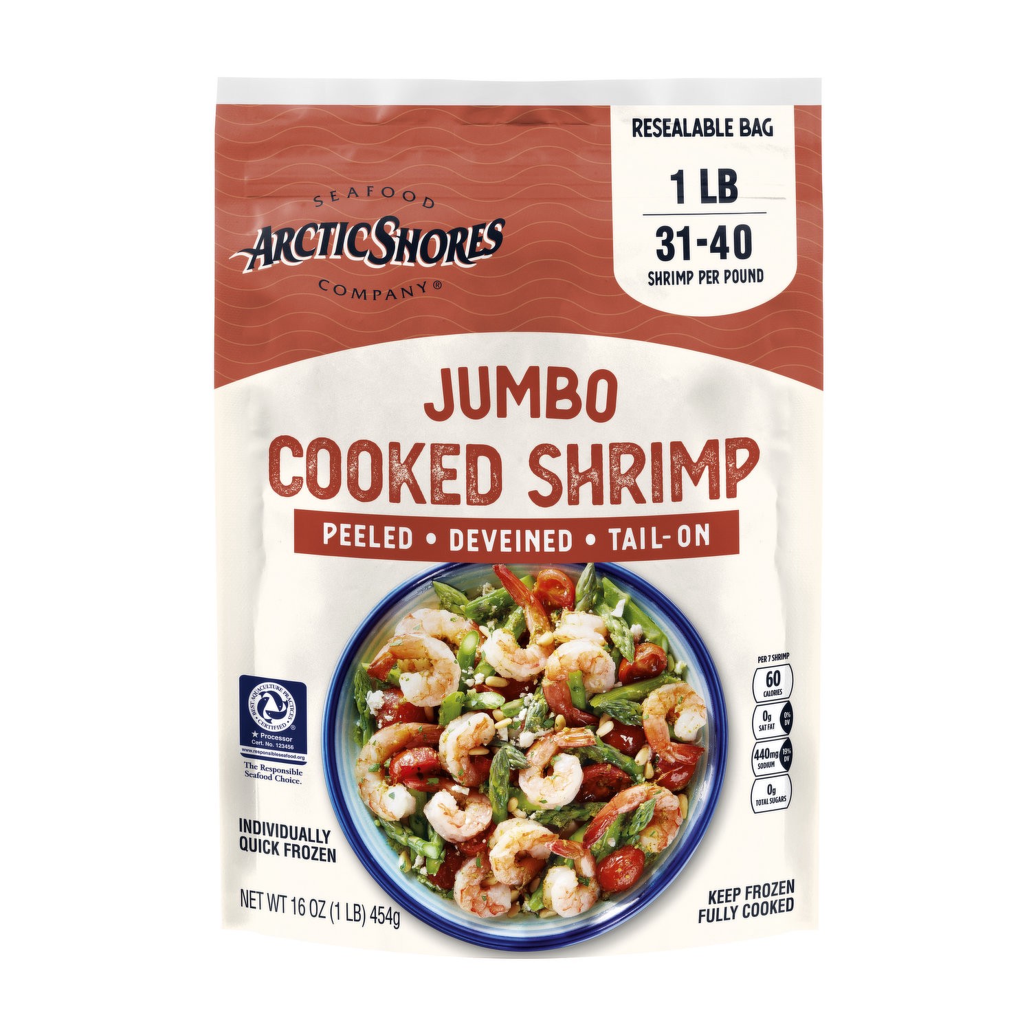 slide 1 of 1, Arctic Shores Jumbo Frozen Cooked Shrimp, Peeled, Deveined, Tail-On, 31/40, 16 Ounce, 16 oz