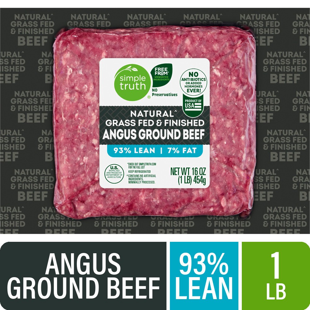 slide 1 of 2, Simple Truth 93/7 Natural Grass Fed Angus Ground Beef - 1 lb Pack, 16 oz