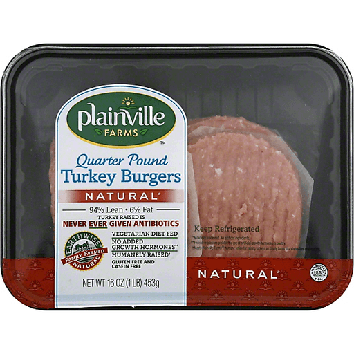 slide 3 of 4, Plainville Farms Turkey Burgers, 94% Lean/6% Fat, Quater Pound, 16 oz