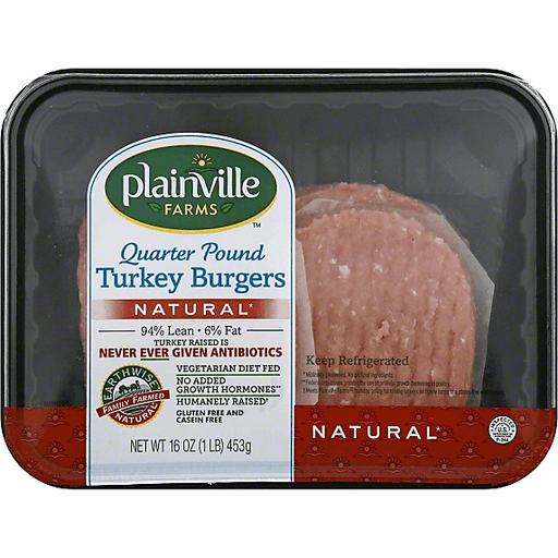 slide 2 of 4, Plainville Farms Turkey Burgers, 94% Lean/6% Fat, Quater Pound, 16 oz