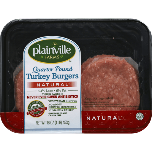 slide 4 of 4, Plainville Farms Turkey Burgers, 94% Lean/6% Fat, Quater Pound, 16 oz