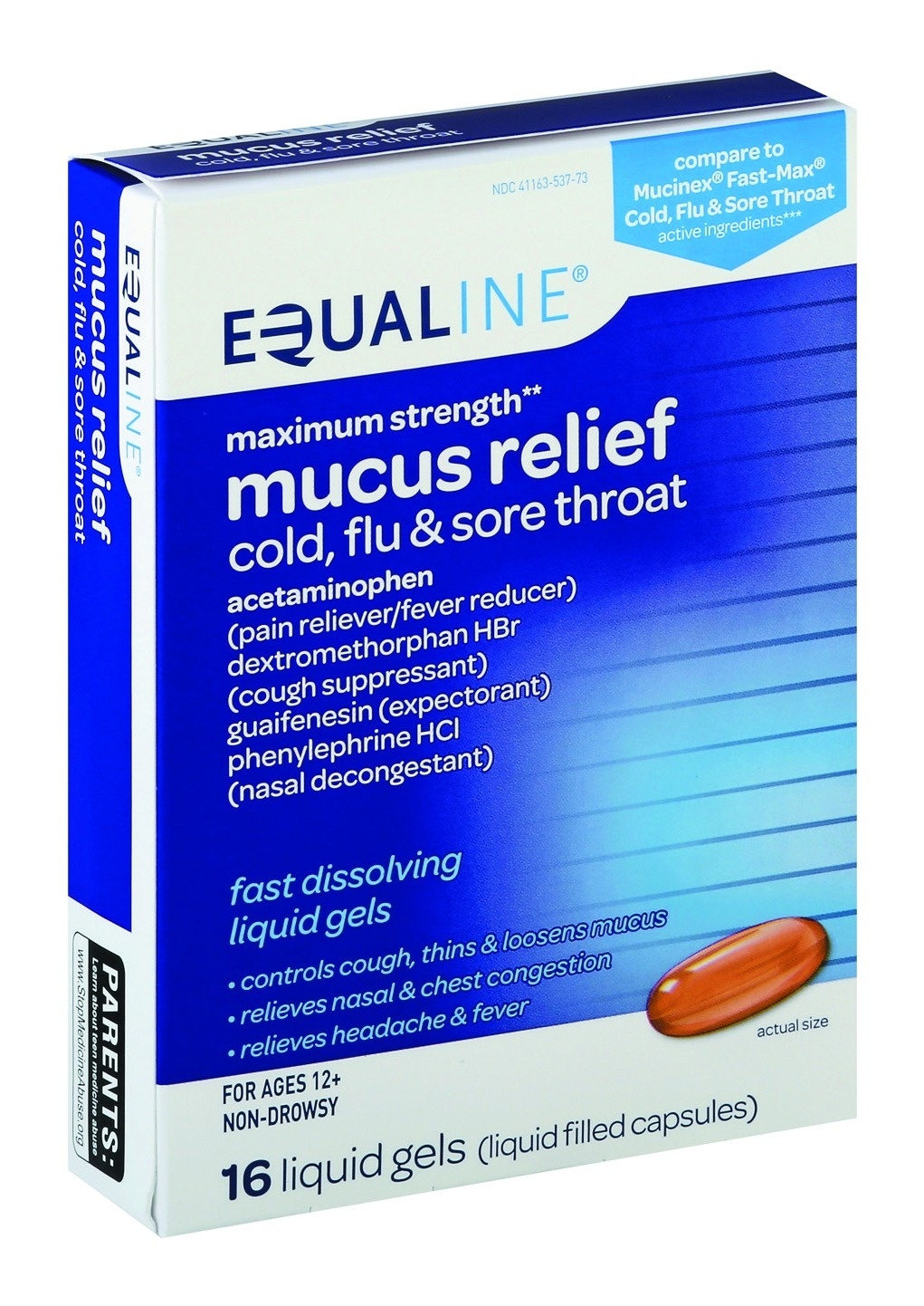 slide 1 of 1, Equaline Mucus Relief Cold Flu Softgel, 16 ct