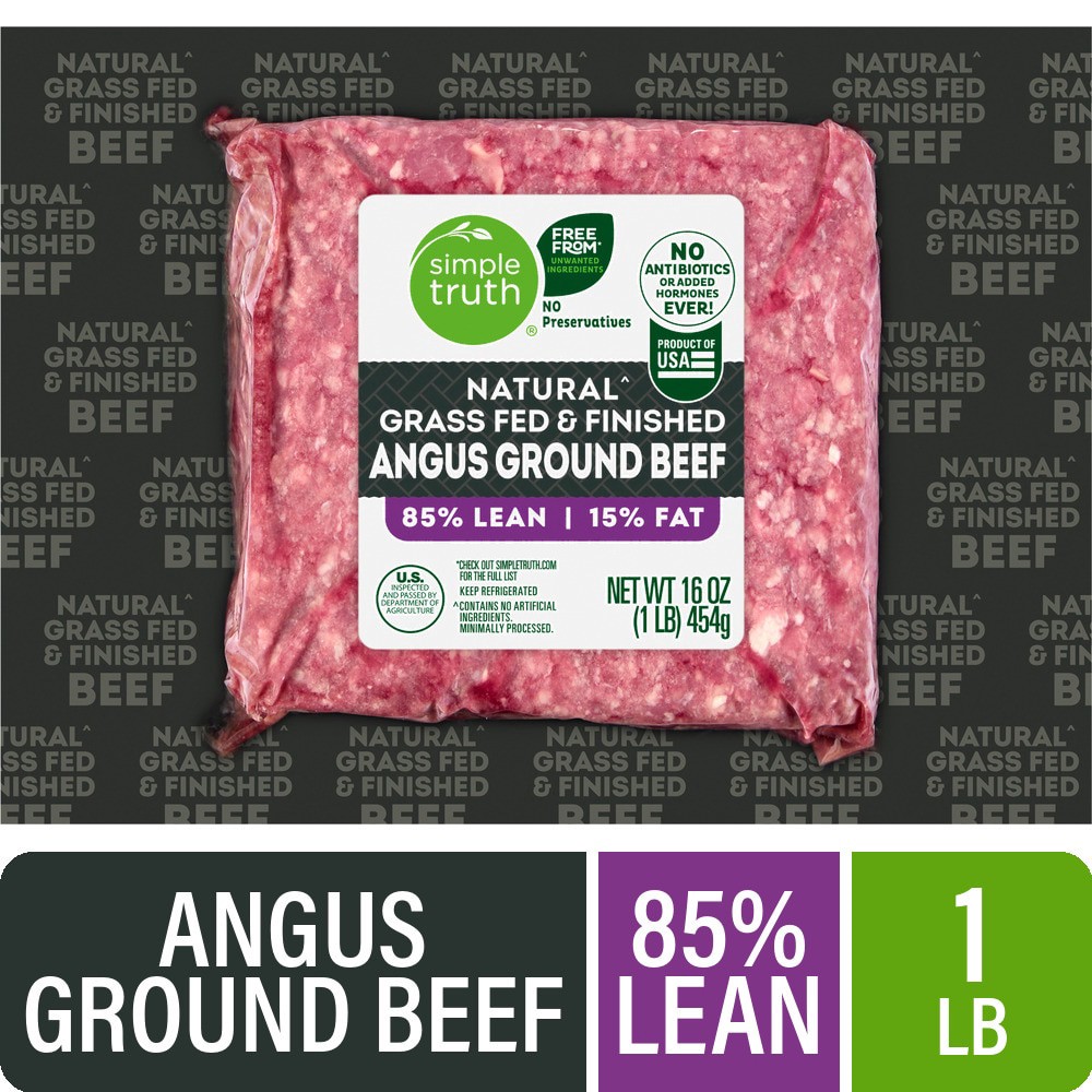 slide 1 of 2, Simple Truth 85/15 Natural Grass Fed Angus Ground Beef - 1 lb Pack, 16 oz