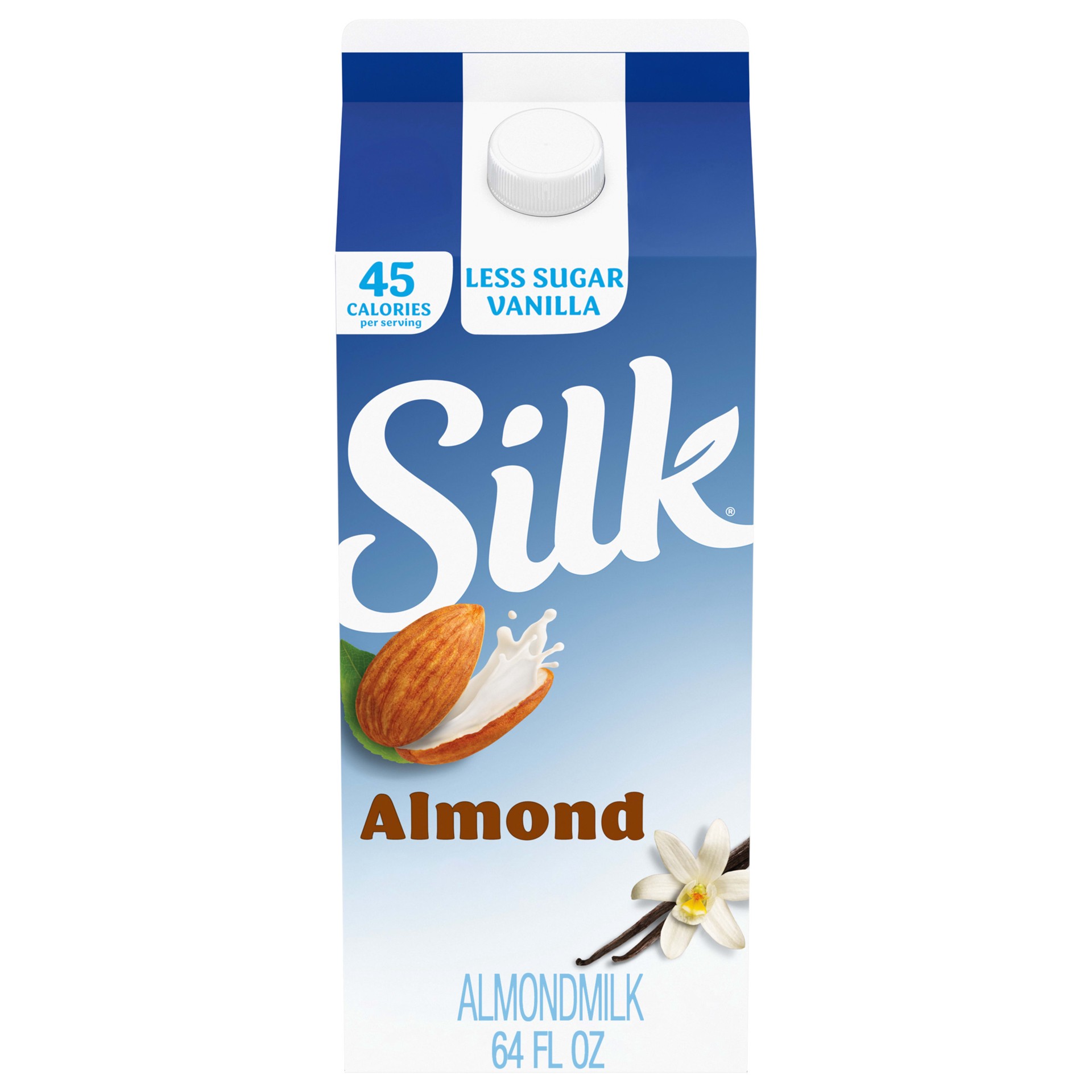 slide 1 of 9, Silk Almond Milk, Vanilla, Less Sugar, Dairy Free, Gluten Free, Seriously Creamy Vegan Milk with 50% Less Sugar than Silk Vanilla Almond Milk, 64 FL OZ Half Gallon, 64 fl oz