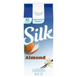 Silk Almond Milk, Vanilla, Less Sugar, Dairy Free, Gluten Free, Seriously Creamy Vegan Milk with 50% Less Sugar than Silk Vanilla Almond Milk, 64 FL OZ Half Gallon