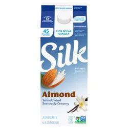 Silk Almond Milk, Less Sugar, Vanilla, Dairy Free, Gluten Free, Seriously Creamy Vegan Plant Based Milk with Great Taste and 5 Essential Nutrients, 64 fl oz Half Gallon