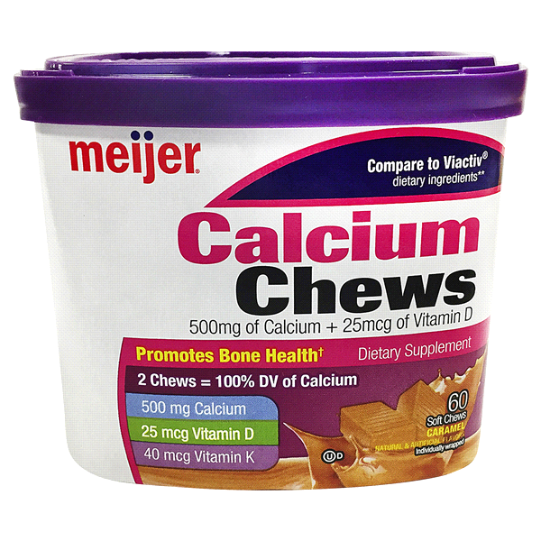 slide 1 of 1, Meijer Calcium Chews, Caramel, 60 ct; 500 mg