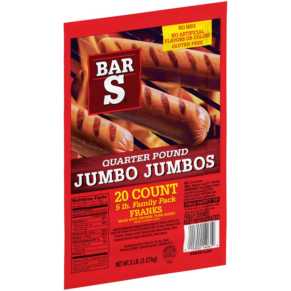 slide 2 of 7, Bar-S Jumbos Quarter Pound Franks Family Pack, 80 oz