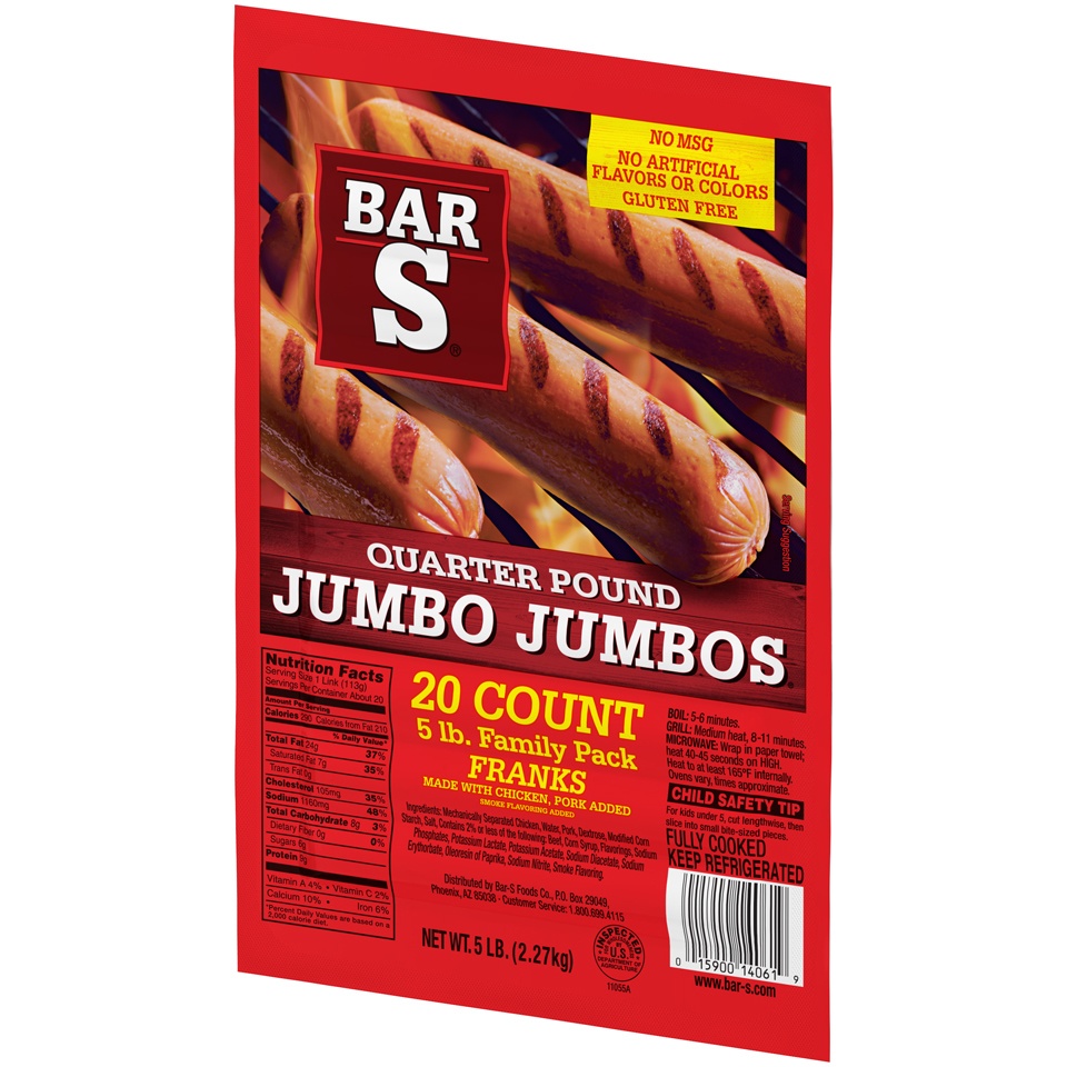 slide 3 of 7, Bar-S Jumbos Quarter Pound Franks Family Pack, 80 oz