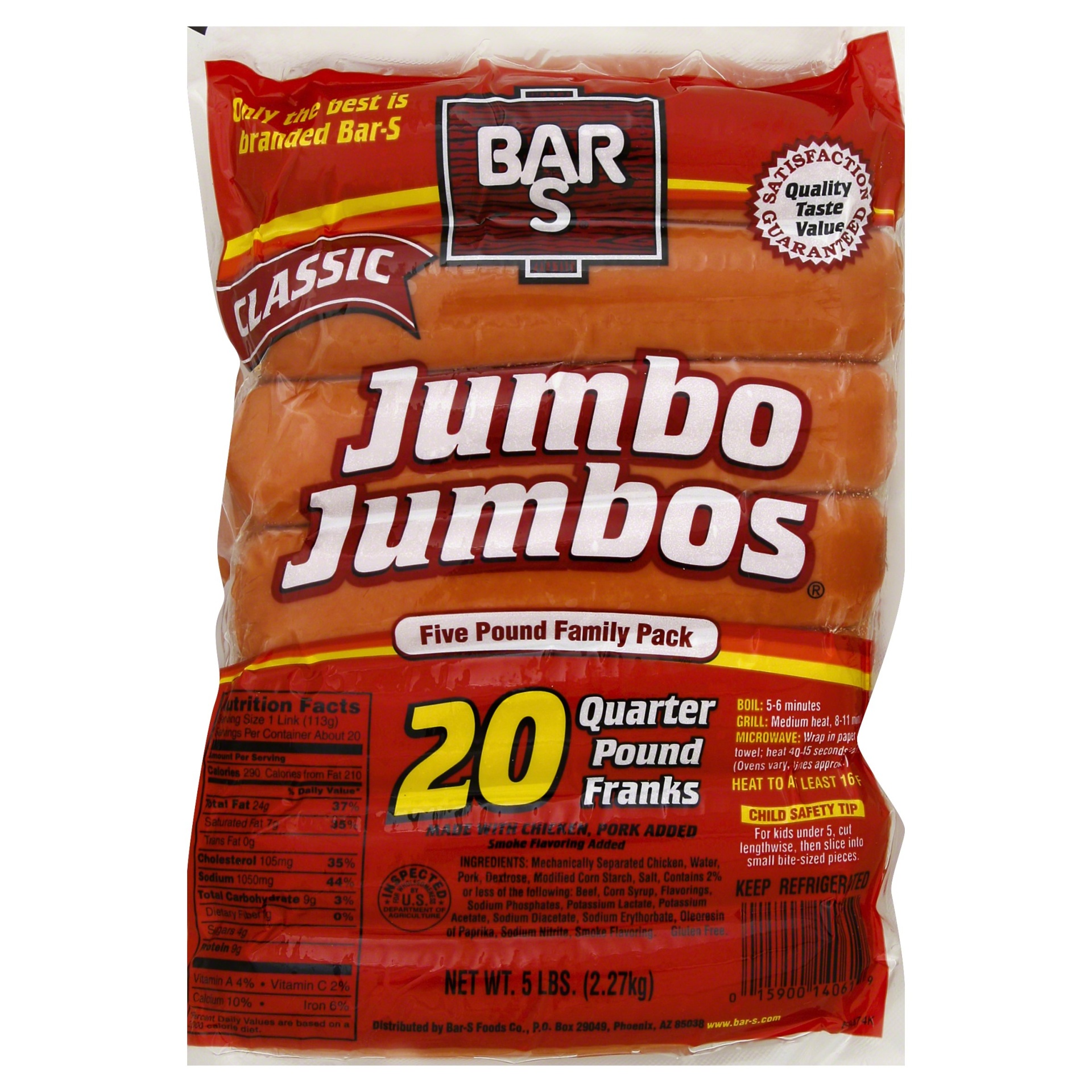 slide 1 of 7, Bar-S Jumbos Quarter Pound Franks Family Pack, 80 oz