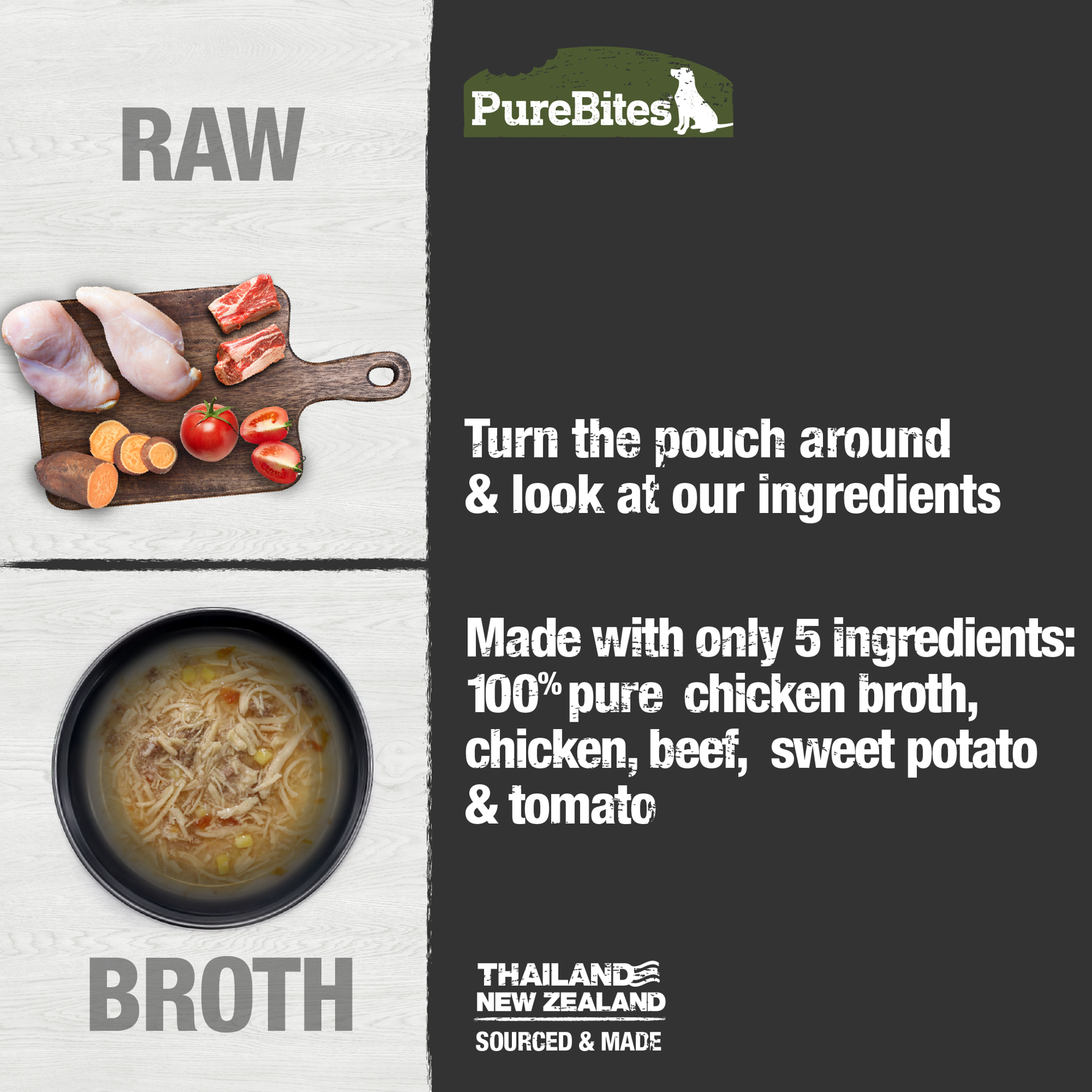 slide 5 of 5, PureBites Broths Dog Treat • Topper 57g | Chicken, Beef & Vegetables | 5 Ingredients | Case of 18, 1 ct