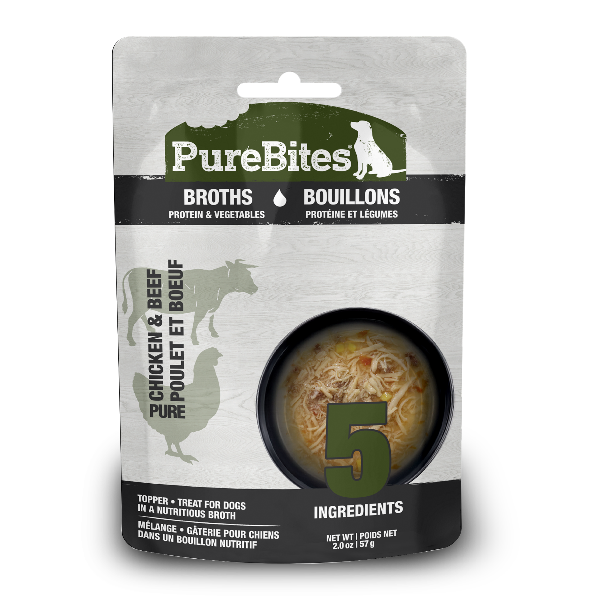 slide 1 of 5, PureBites Broths Dog Treat • Topper 57g | Chicken, Beef & Vegetables | 5 Ingredients | Case of 18, 1 ct