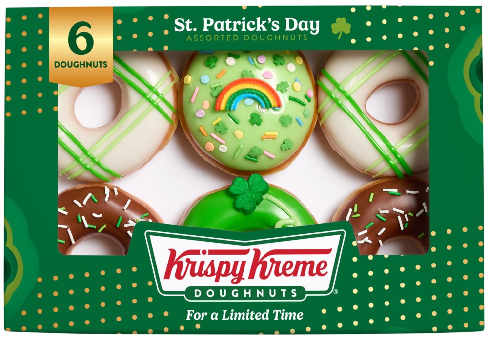slide 1 of 4, Krispy Kreme St.Patrick's Day Sprinkle Chocolate Iced Doughnuts, 6 ct; 13.2 oz