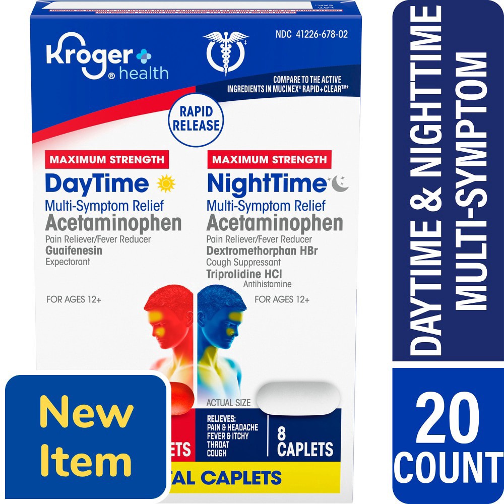 slide 3 of 3, Kroger Maximum Strength Daytime and NightTime Multi Symptom Relief Rapid Release Caplets, 1 ct