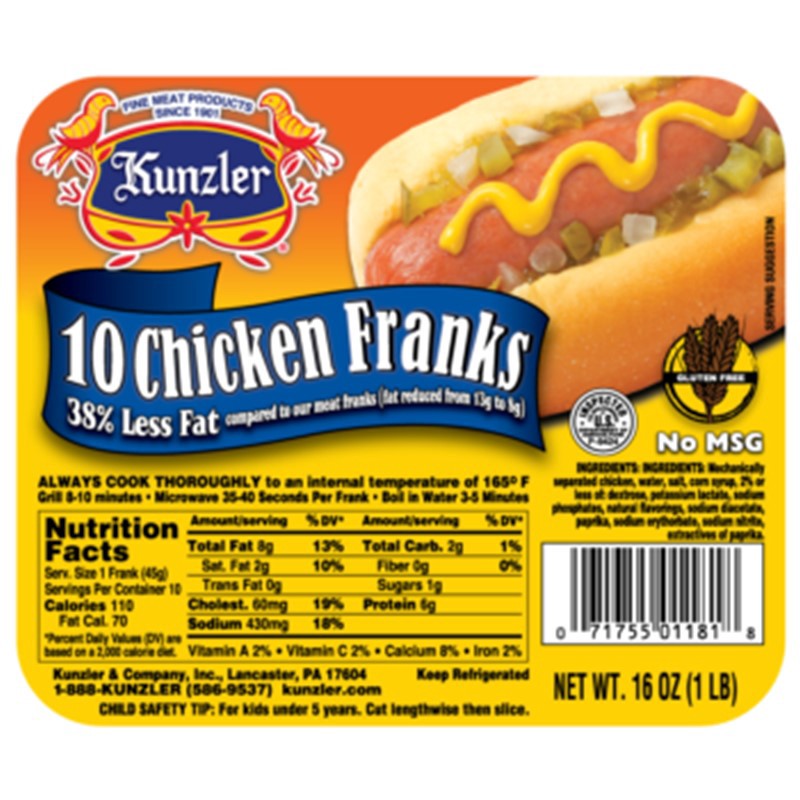 slide 1 of 1, Kunzler Chicken Frank, 16 oz