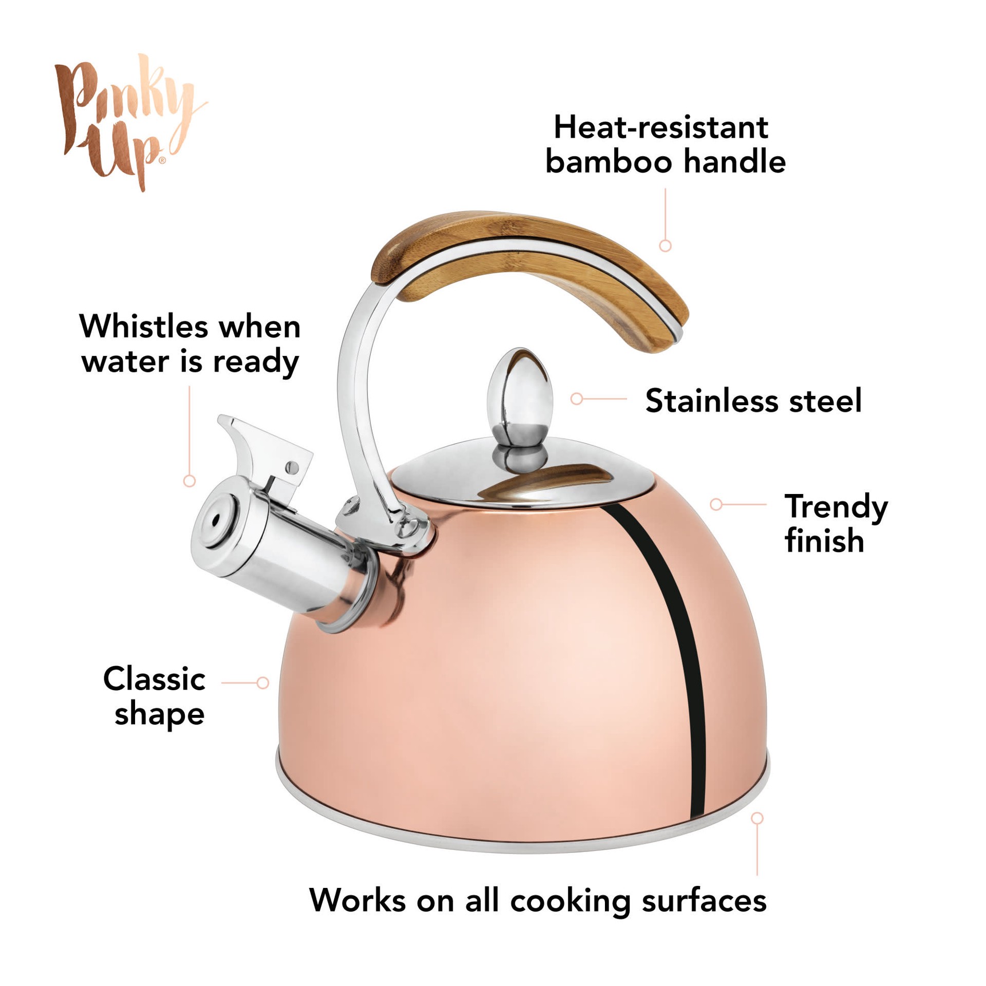 slide 5 of 5, Pinky Up Presley Rose Gold 70 Oz Tea Kettle, Stovetop Induction Stainless Steel Whistling Kettle, 1 ct