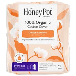 The Honey Pot Company Honey Pot 100% Organic Cotton Comfort Cover Overnight Pads, 12 Count