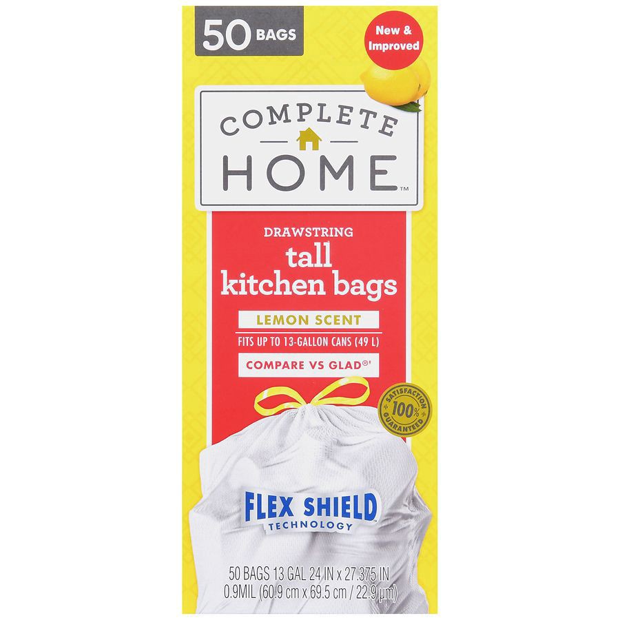 slide 5 of 5, Complete Home Drawstring Flex Shield Kitchen Bags Lemon, White, 50 ct