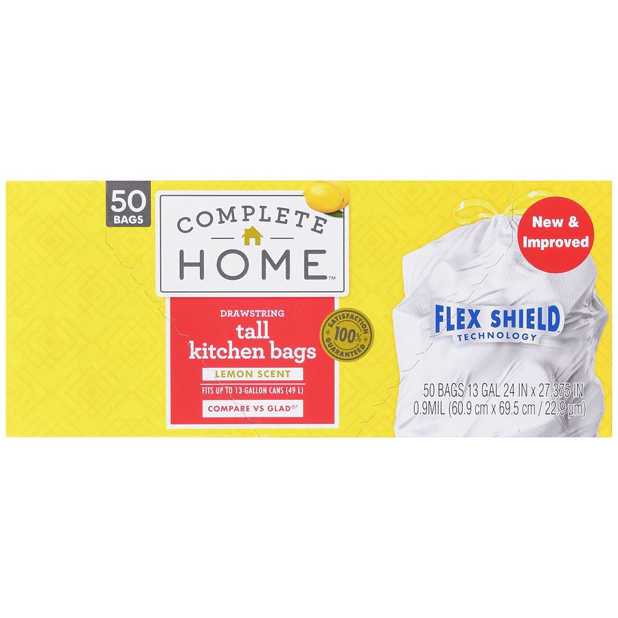slide 2 of 5, Complete Home Drawstring Flex Shield Kitchen Bags Lemon, White, 50 ct