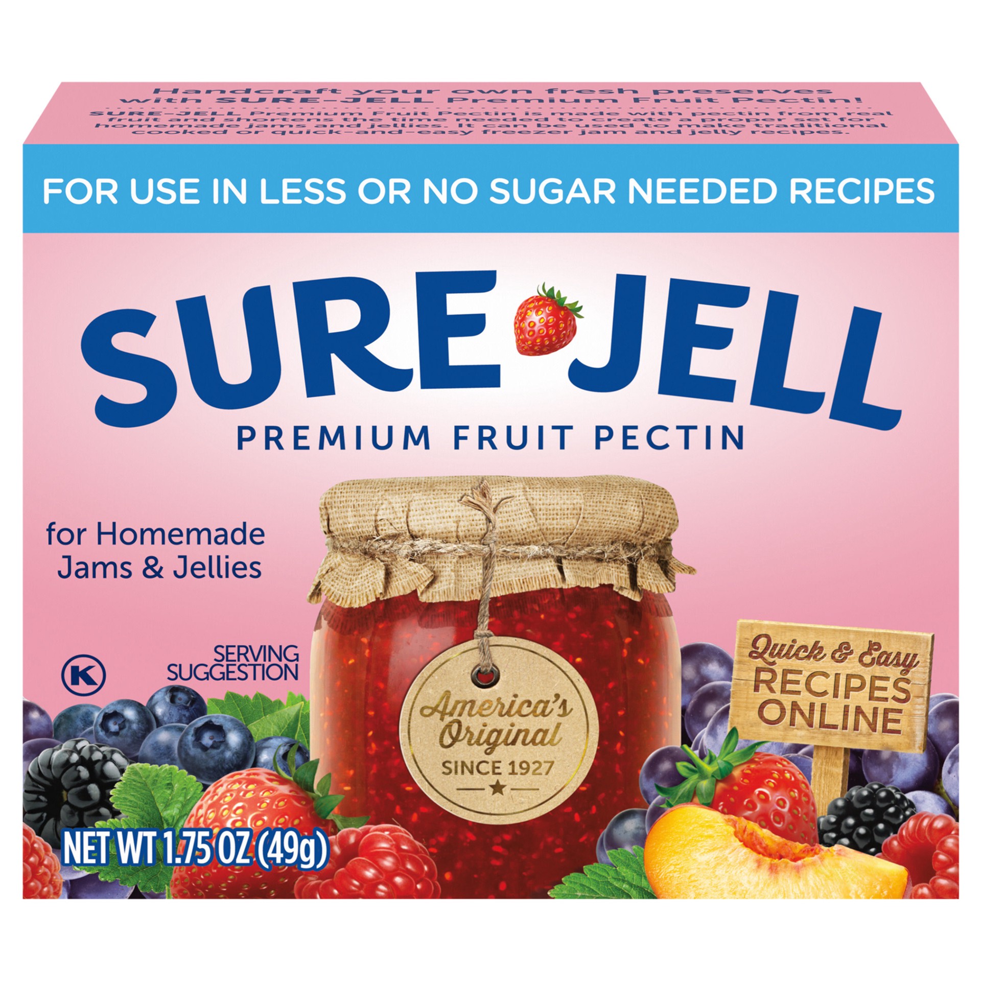 slide 1 of 9, Sure-Jell Premium Fruit Pectin for Less or No Sugar Needed Recipes, 1.75 oz Box, 1.75 oz