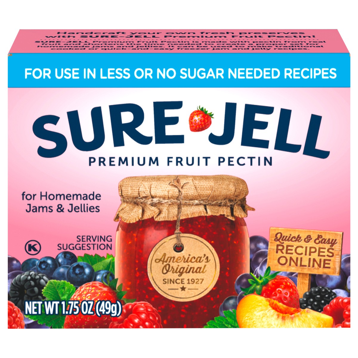 slide 1 of 9, Sure-Jell Premium Fruit Pectin for Less or No Sugar Needed Recipes, 1.75 oz Box, 1.75 oz