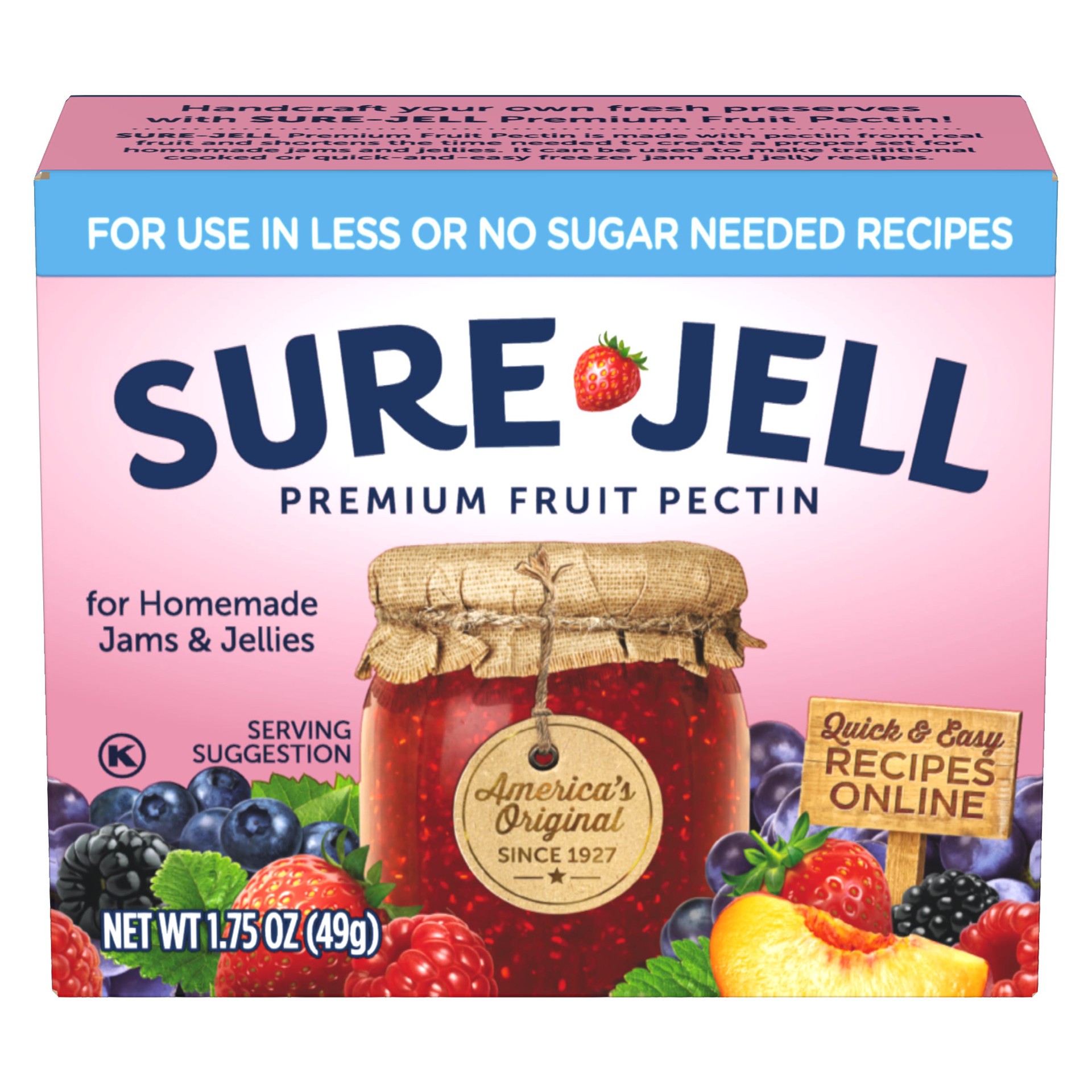 slide 1 of 9, Sure-Jell Premium Fruit Pectin for Less or No Sugar Needed Recipes, 1.75 oz Box, 1.75 oz