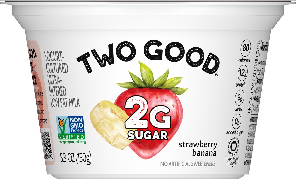 slide 4 of 9, Too Good & Co. Strawberry Banana Flavored Lower Sugar, Low Fat Greek Yogurt Cultured Product, Gluten Free, Keto Friendly Healthy Snacks, 5.3 OZ Cup, 5.3 oz