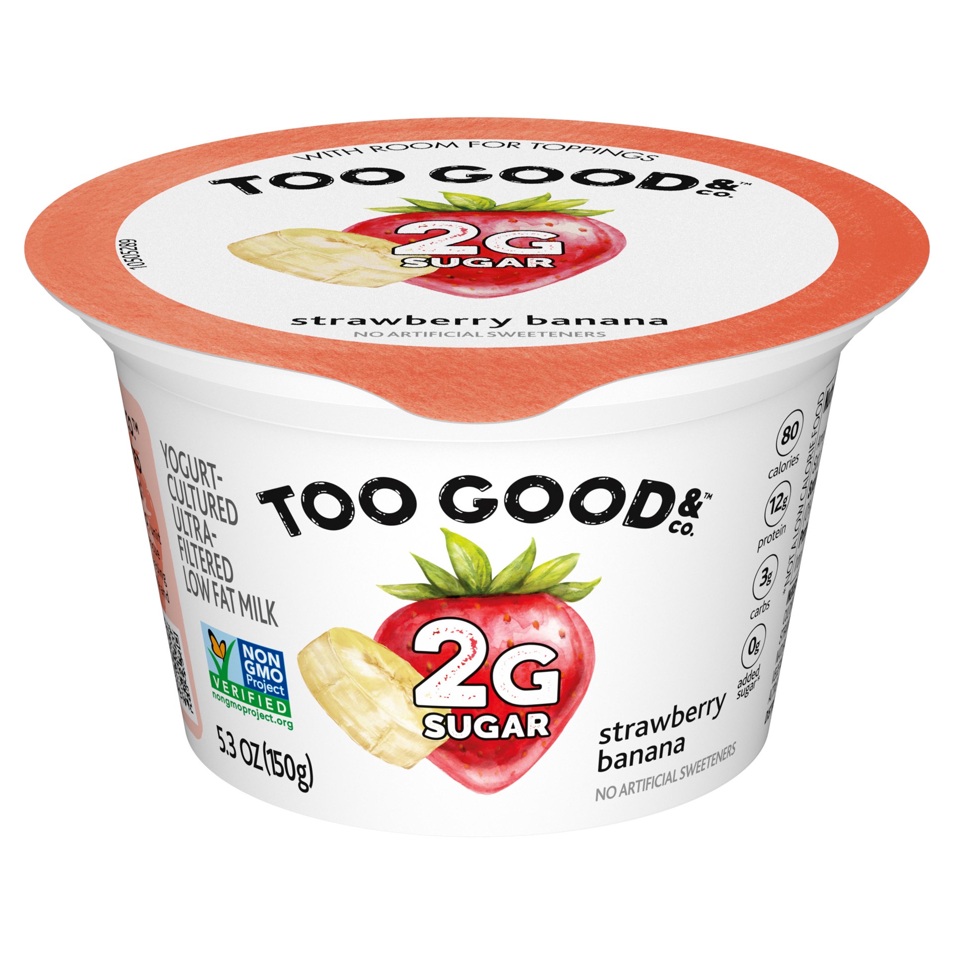 slide 1 of 9, Too Good & Co. Strawberry Banana Flavored Lower Sugar, Low Fat Greek Yogurt Cultured Product, Gluten Free, Keto Friendly Healthy Snacks, 5.3 OZ Cup, 5.3 oz