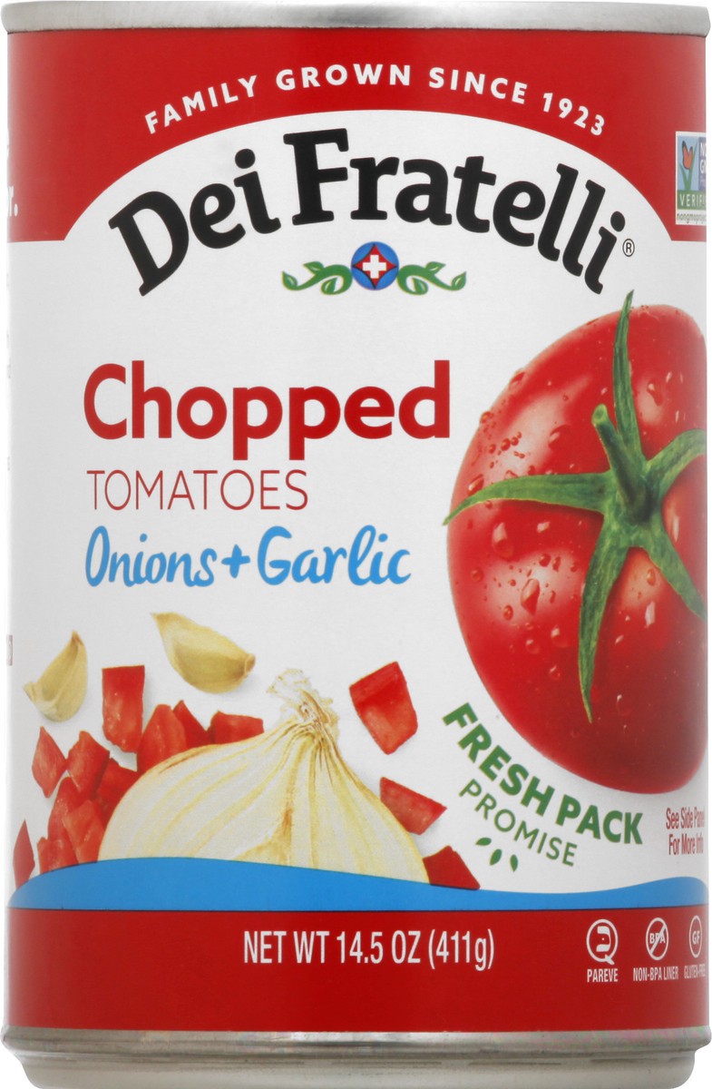 slide 1 of 13, Dei Fratelli Onions + Garlic Chopped Tomatoes 14.5 oz, 14.5 oz