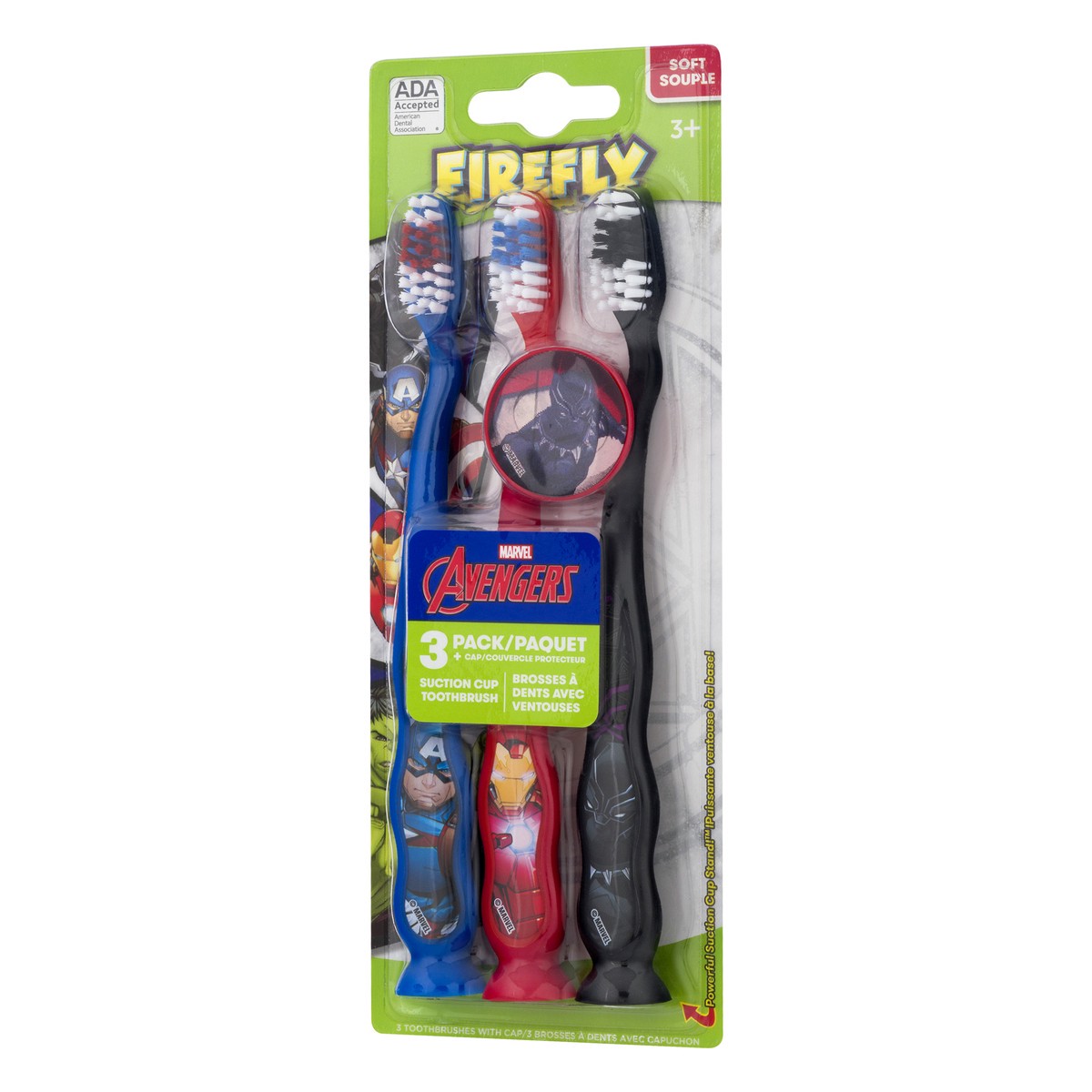 slide 2 of 8, Firefly Value Pack Soft Marvel Avengers Toothbrush + Cap 3 ea, 3 ct