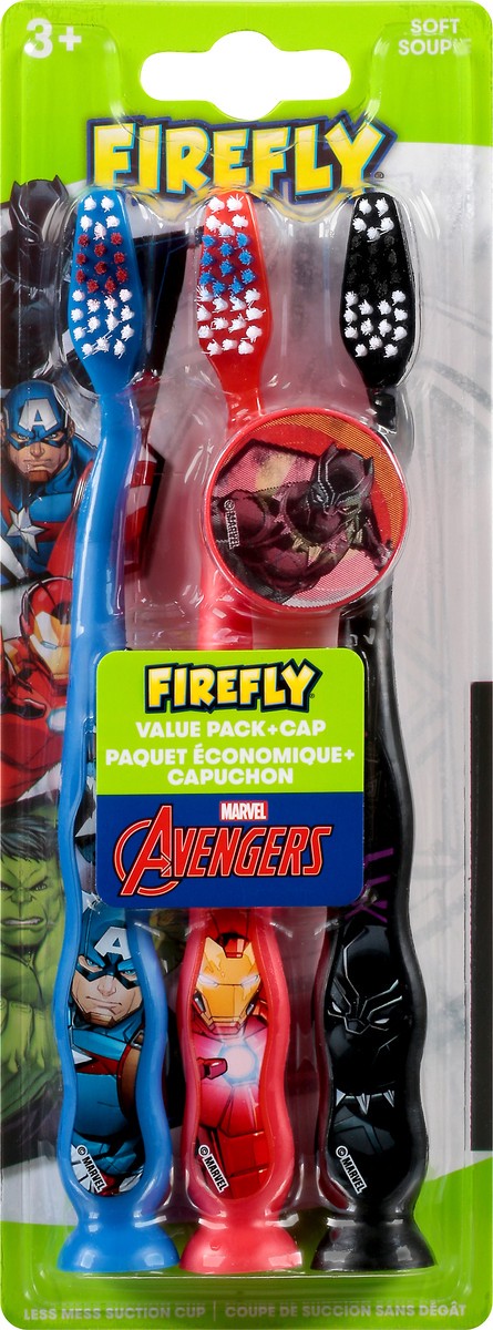 slide 1 of 8, Firefly Value Pack Soft Marvel Avengers Toothbrush + Cap 3 ea, 3 ct