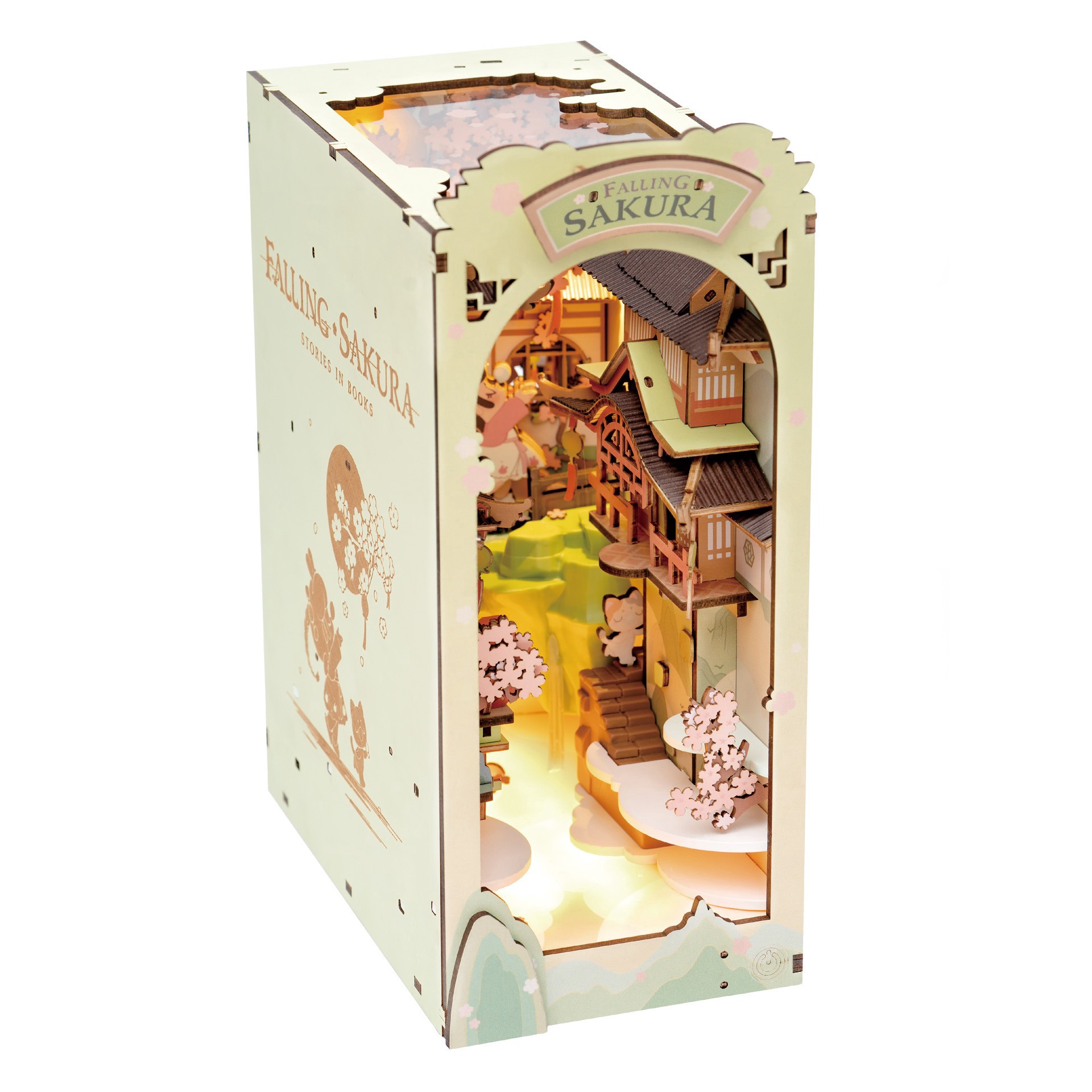 slide 4 of 9, Robotime Rolife Falling Sakura Diy Book Nook Shelf Insert Kit, 3.98 in x 7.36 in x 9.53 in